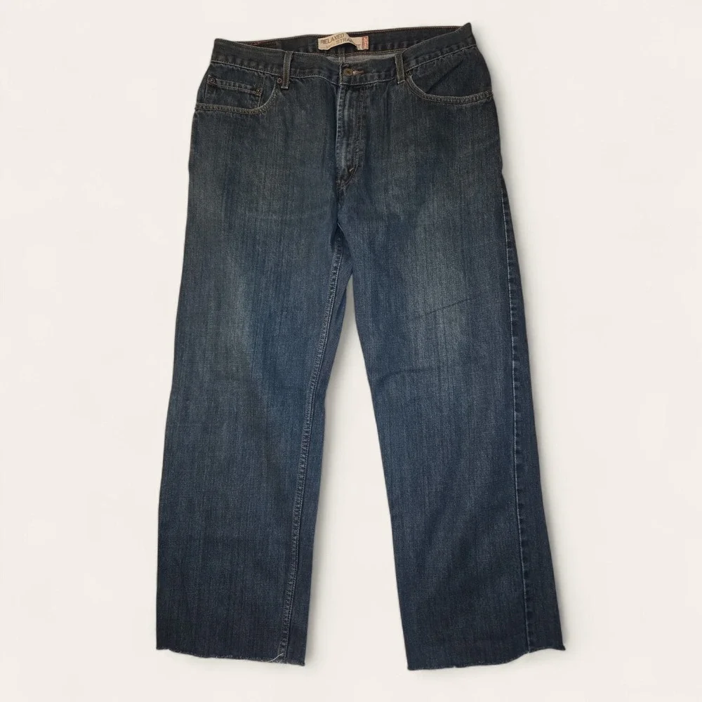 Levis 559 Relaxed‎ Straight Jeans Mens 36x29 Dark Wash Denim Raw Hem Cutoff